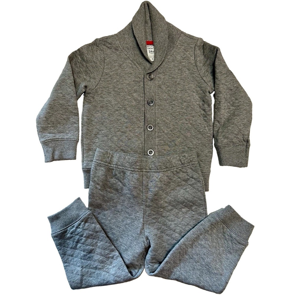 Carter's Baby Boy 24M Quilted Cardigan Pants Set Gray Shawl Collar Train Sweater